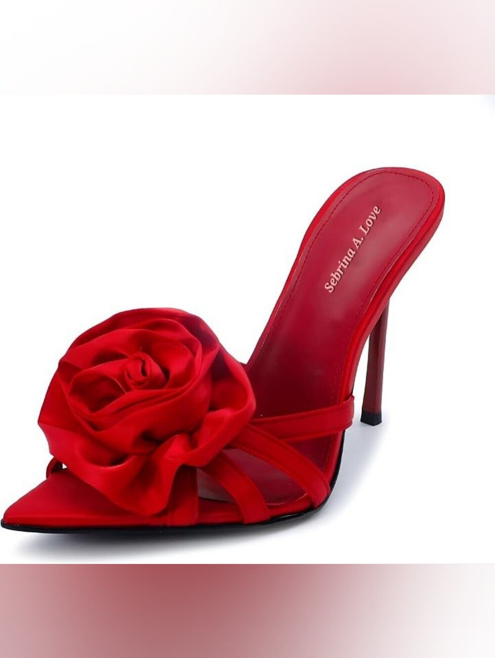 Luxe Red Satin Rose-Embellished Stiletto Mule